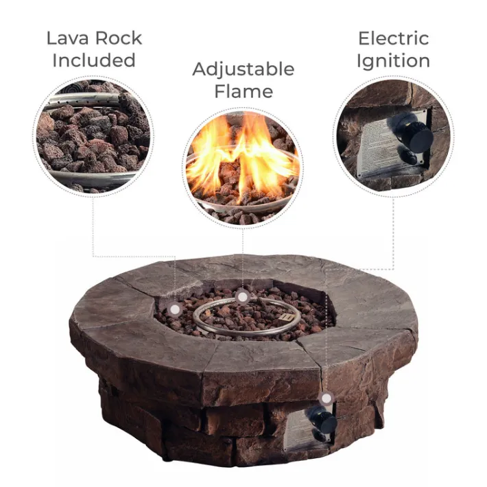 Teamson Home 37.01" Outdoor Round Faux Brick Propane Gas Fire Pit with Accessories, Red Brown