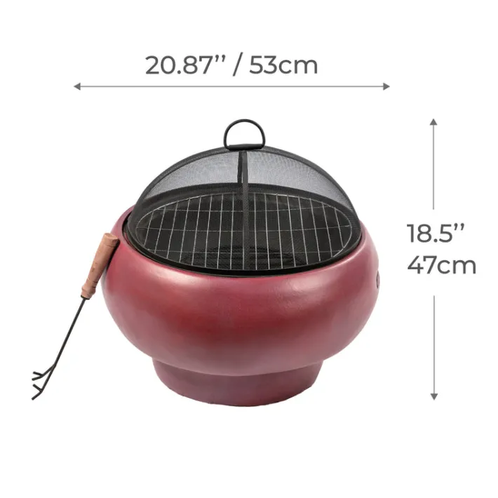 Teamson Home 20.87" Outdoor Round Faux Concrete Wood Burning Fire Pit with Accessories, Red- FINAL SALE