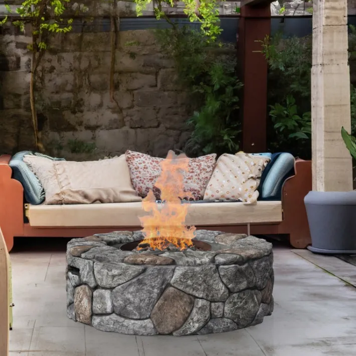 Teamson Home 28" Outdoor Round Faux Stone Propane Gas Fire Pit, Stone Gray