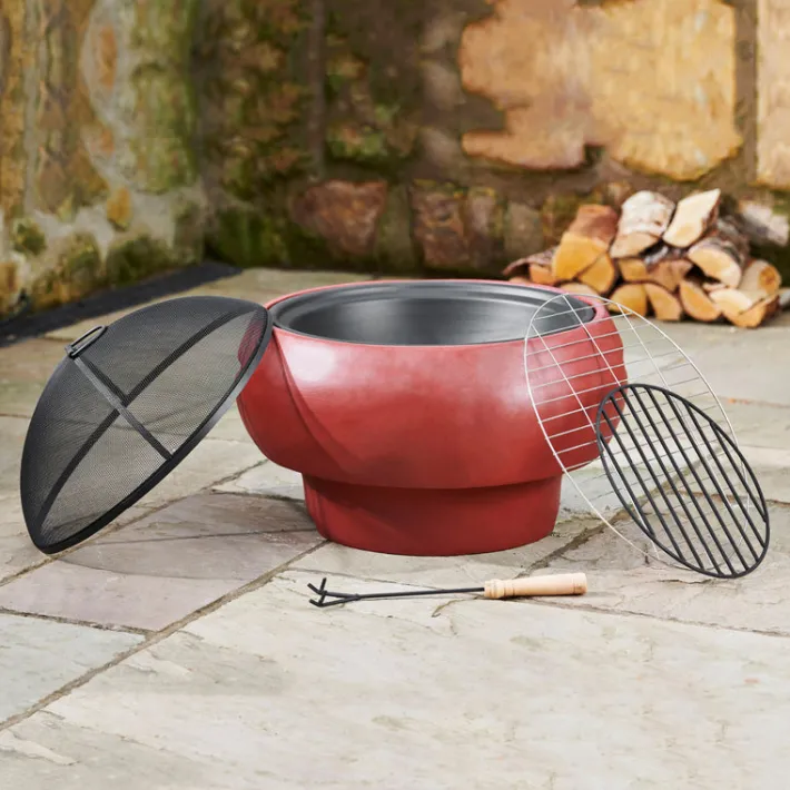 Teamson Home 20.87" Outdoor Round Faux Concrete Wood Burning Fire Pit with Accessories, Red- FINAL SALE