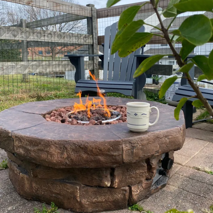 Teamson Home 37.01" Outdoor Round Faux Brick Propane Gas Fire Pit with Accessories, Red Brown