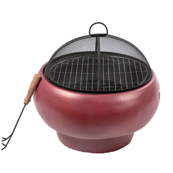 Teamson Home 20.87" Outdoor Round Faux Concrete Wood Burning Fire Pit with Accessories, Red- FINAL SALE