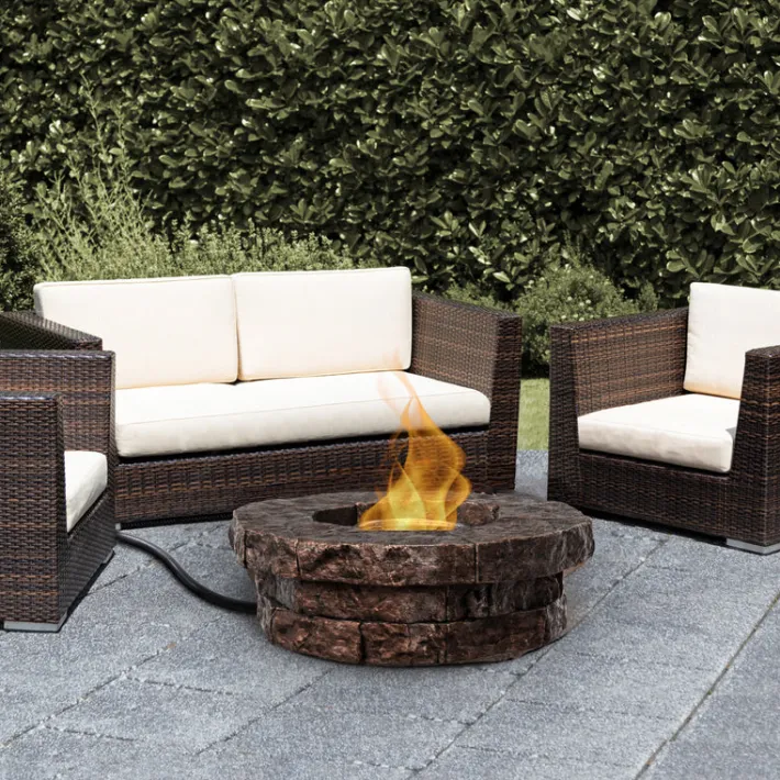 Teamson Home 37.01" Outdoor Round Faux Brick Propane Gas Fire Pit with Accessories, Red Brown