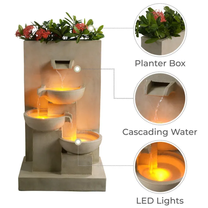 Teamson Home 29.13" Outdoor Water Fountain with Planter, LED Lights, Natural- FINAL SALE