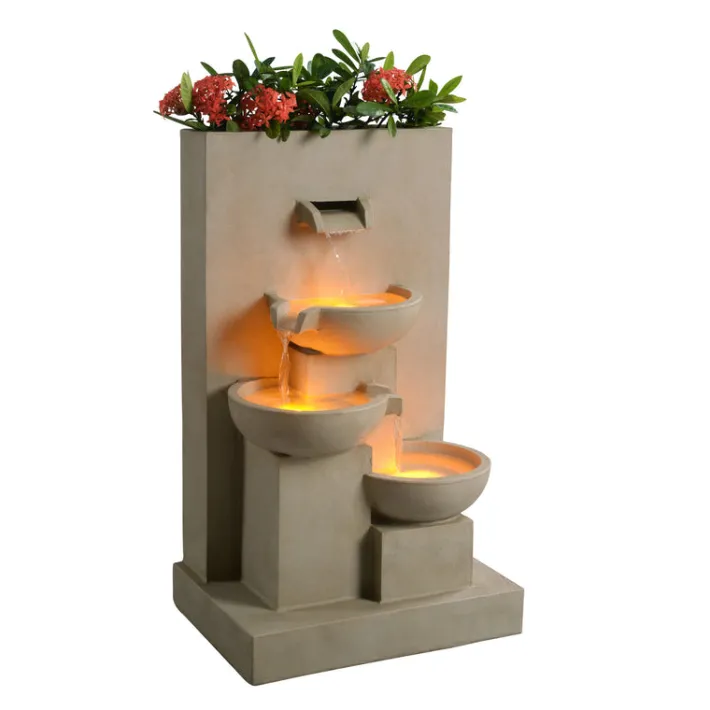 Teamson Home 29.13" Outdoor Water Fountain with Planter, LED Lights, Natural- FINAL SALE