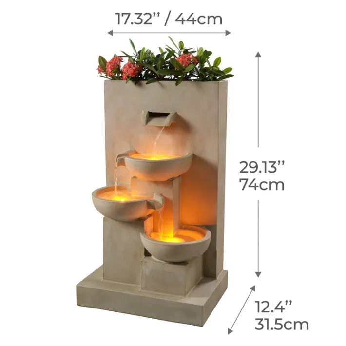 Teamson Home 29.13" Outdoor Water Fountain with Planter, LED Lights, Natural- FINAL SALE