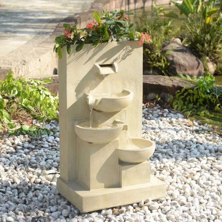 Teamson Home 29.13" Outdoor Water Fountain with Planter, LED Lights, Natural- FINAL SALE
