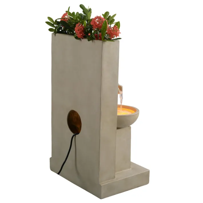 Teamson Home 29.13" Outdoor Water Fountain with Planter, LED Lights, Natural- FINAL SALE