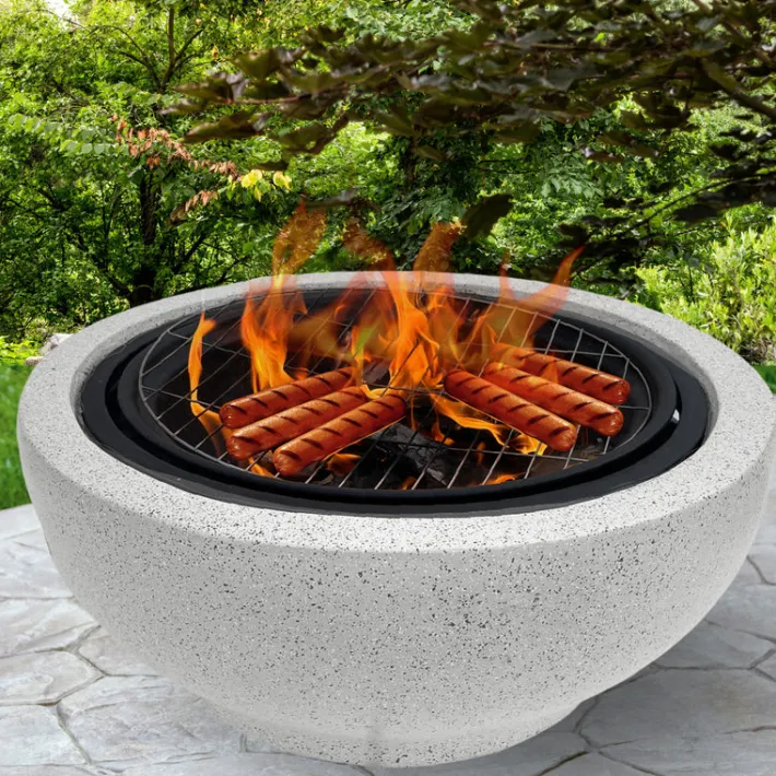 Teamson Home 23.62" Outdoor Wood Burning Fire Pit with Grill Grate and Faux Concrete Base, Gray