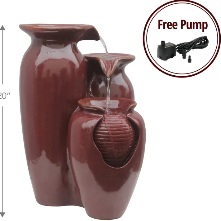 Teamson Home 20.47" 3-Tier Cascading Jars Outdoor Water Fountain, Red
