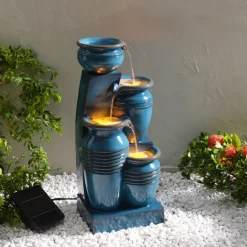 Teamson Home 28.7" 4-Tier Outdoor Solar Water Fountain with LED Lights, Blue