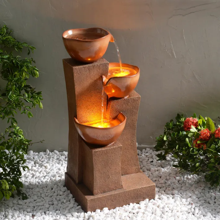 Teamson Home 28.54" 3-Tier Outdoor Water Fountain with LED Lights, Brown