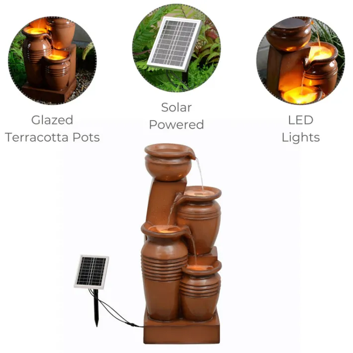 Teamson Home 28.7" 4-Tier Outdoor Solar Water Fountain with LED Lights, Terracotta