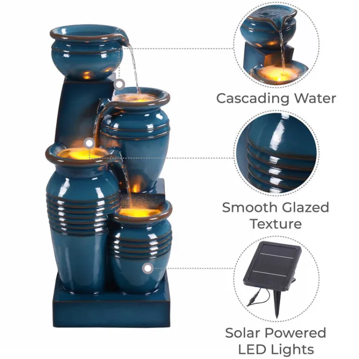 Teamson Home 28.7" 4-Tier Outdoor Solar Water Fountain with LED Lights, Blue
