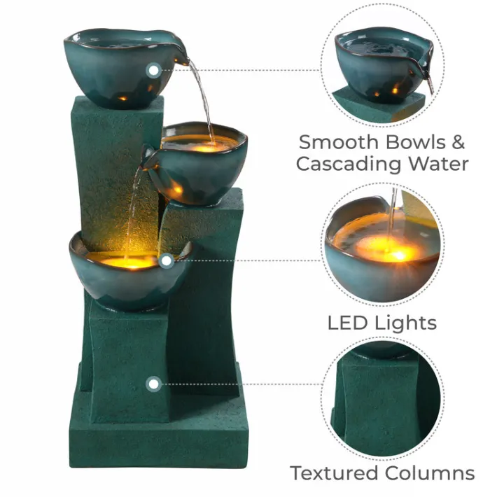 Teamson Home 28.54" 3-Tier Outdoor Water Fountain with LED Lights, Green