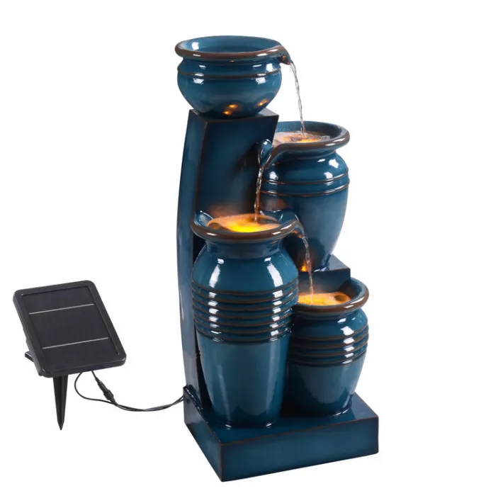 Teamson Home 28.7" 4-Tier Outdoor Solar Water Fountain with LED Lights, Blue