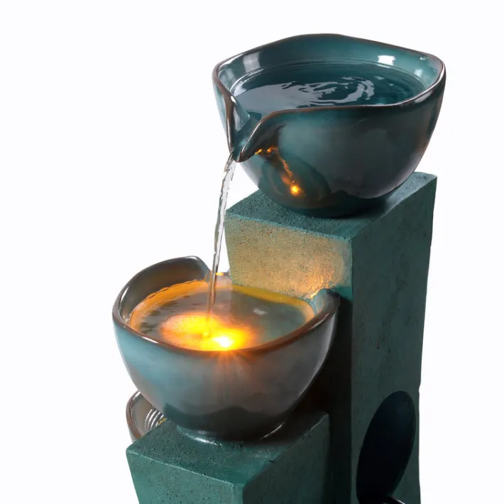 Teamson Home 28.54" 3-Tier Outdoor Water Fountain with LED Lights, Green