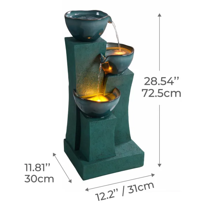 Teamson Home 28.54" 3-Tier Outdoor Water Fountain with LED Lights, Green