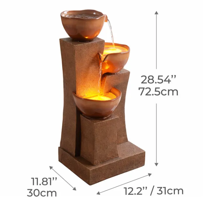 Teamson Home 28.54" 3-Tier Outdoor Water Fountain with LED Lights, Brown