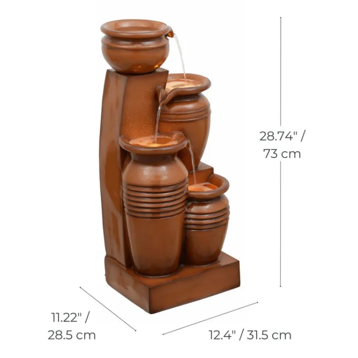 Teamson Home 28.7" 4-Tier Outdoor Solar Water Fountain with LED Lights, Terracotta
