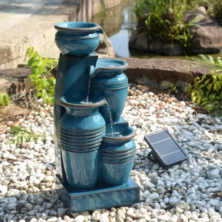 Teamson Home 28.7" 4-Tier Outdoor Solar Water Fountain with LED Lights, Blue