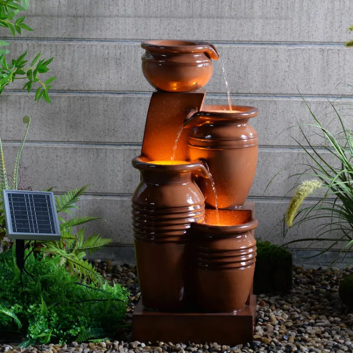Teamson Home 28.7" 4-Tier Outdoor Solar Water Fountain with LED Lights, Terracotta