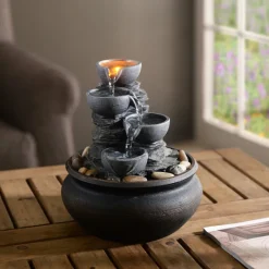 Teamson Home 7.87" 4-Tier Tabletop Water Fountain with LED Lights, Stone Gray