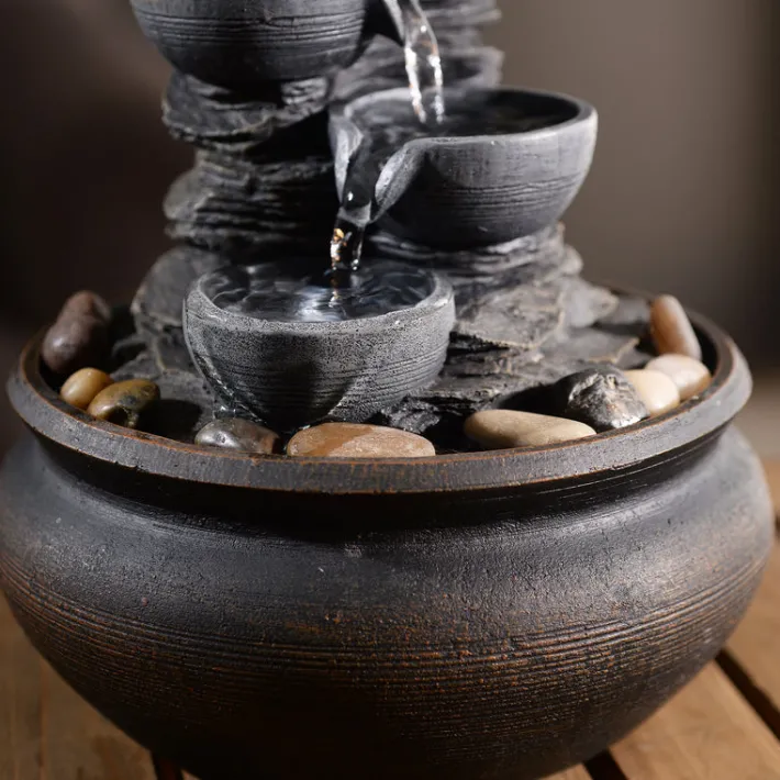 Teamson Home 7.87" 4-Tier Tabletop Water Fountain with LED Lights, Stone Gray