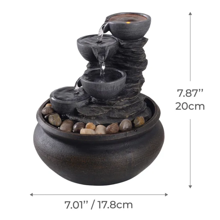 Teamson Home 7.87" 4-Tier Tabletop Water Fountain with LED Lights, Stone Gray