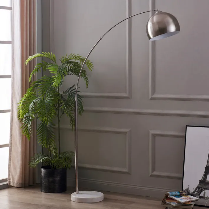 Teamson Home Arquer 68.1" Arc Floor Lamp with White Marble Base and Nickel Bell Shade