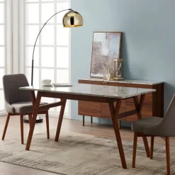 Teamson Home Ashton Rectangular Marble-Look Dining Table with Wood Base, Marble/Walnut -FINAL SALE