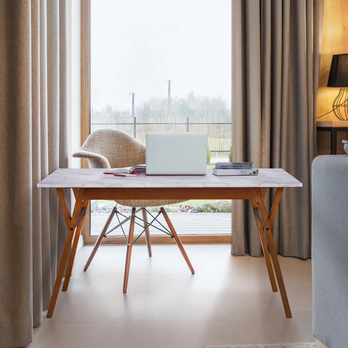 Teamson Home Ashton Rectangular Marble-Look Dining Table with Wood Base, Marble/Walnut -FINAL SALE