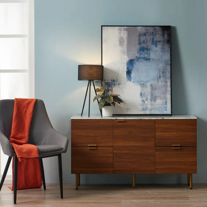 Teamson Home Ashton Sideboard Storage Cabinet with Faux Marble Top, White/Walnut- FINAL SALE