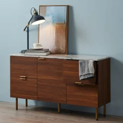 Teamson Home Ashton Sideboard Storage Cabinet with Faux Marble Top, White/Walnut- FINAL SALE