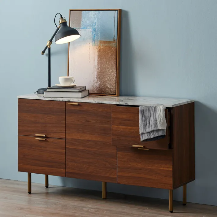 Teamson Home Ashton Sideboard Storage Cabinet with Faux Marble Top, White/Walnut- FINAL SALE