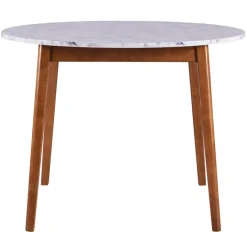 Teamson Home Ashton Wooden Round Dining Table with Faux Marble Top, White/Walnut- FINAL SALE