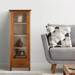 Teamson Home Avery Linen Tower Cabinet with Storage, Oiled Oak