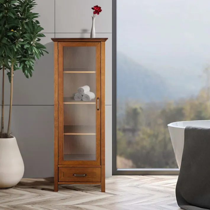 Teamson Home Avery Linen Tower Cabinet with Storage, Oiled Oak
