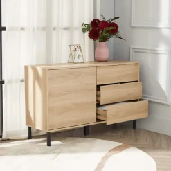 Teamson Home Cairo Industrial-Chic Mid-Century Modern 1 Door, 2 Shelf, 3 Drawer Storage Sideboard, Oak- FINAL SALE