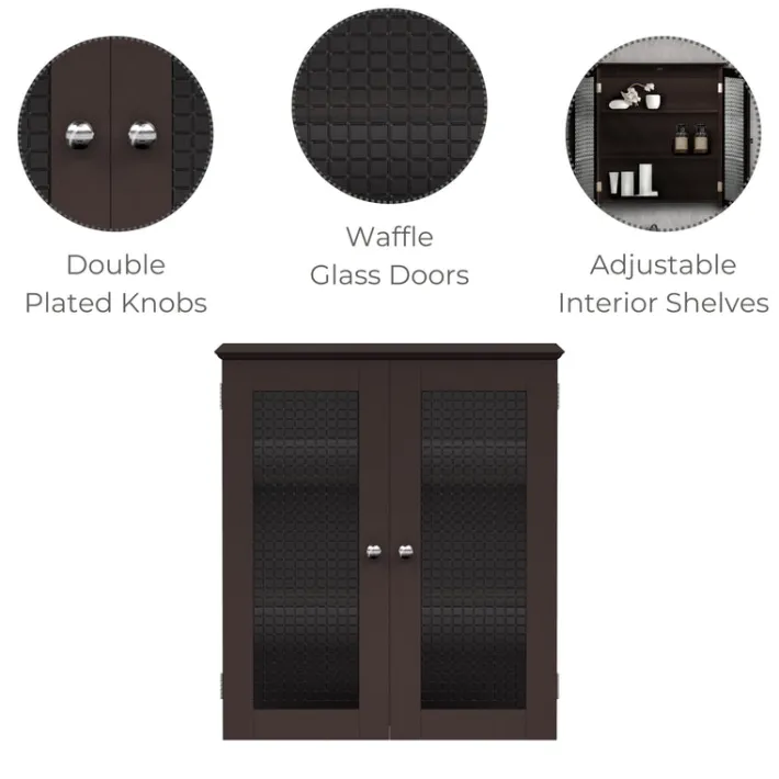 Teamson Home Chesterfield Removable Two-Door Wall Cabinet with Waffle Glass Panels, Espresso