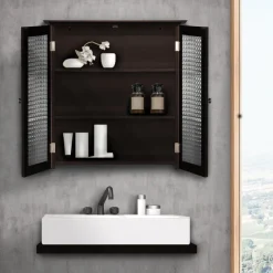 Teamson Home Chesterfield Removable Two-Door Wall Cabinet with Waffle Glass Panels, Espresso