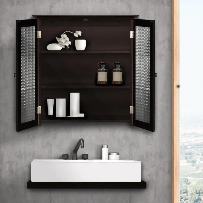 Teamson Home Chesterfield Removable Two-Door Wall Cabinet with Waffle Glass Panels, Espresso