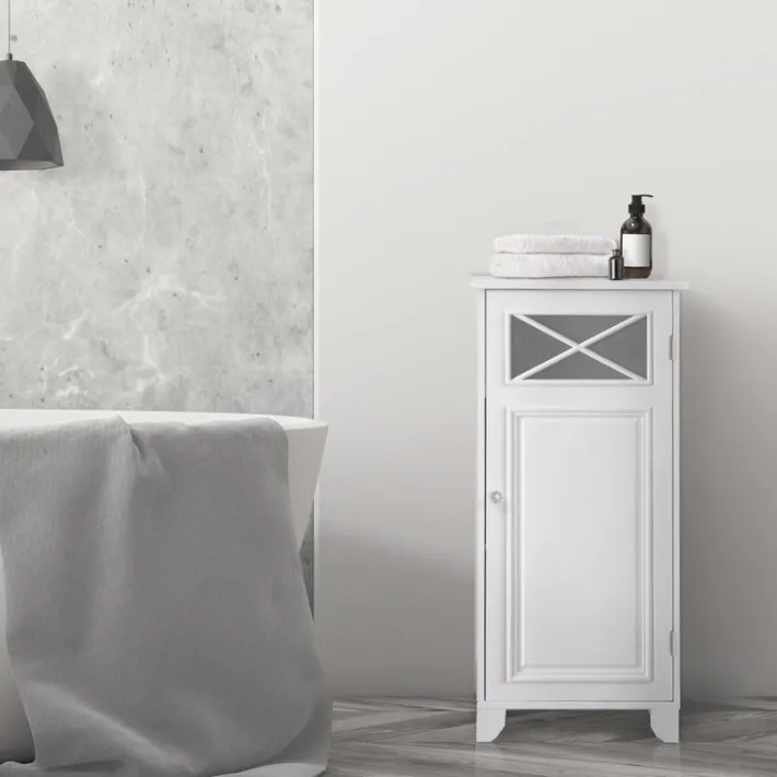 Teamson Home Dawson Freestanding Floor Cabinet with Decorative Glass Panel, White
