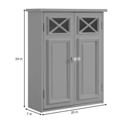 Teamson Home Dawson Removable Two-Door Wall Cabinet with Decorative Glass Panels, Gray