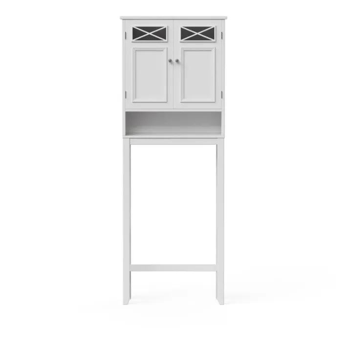Teamson Home Dawson Two-Door Over-the-Toilet Cabinet with Decorative Glass Panels, White- FINAL SALE
