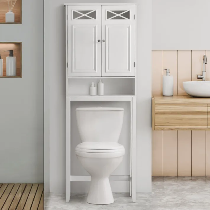 Teamson Home Dawson Two-Door Over-the-Toilet Cabinet with Decorative Glass Panels, White- FINAL SALE