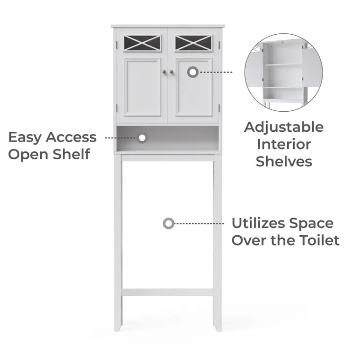 Teamson Home Dawson Two-Door Over-the-Toilet Cabinet with Decorative Glass Panels, White- FINAL SALE