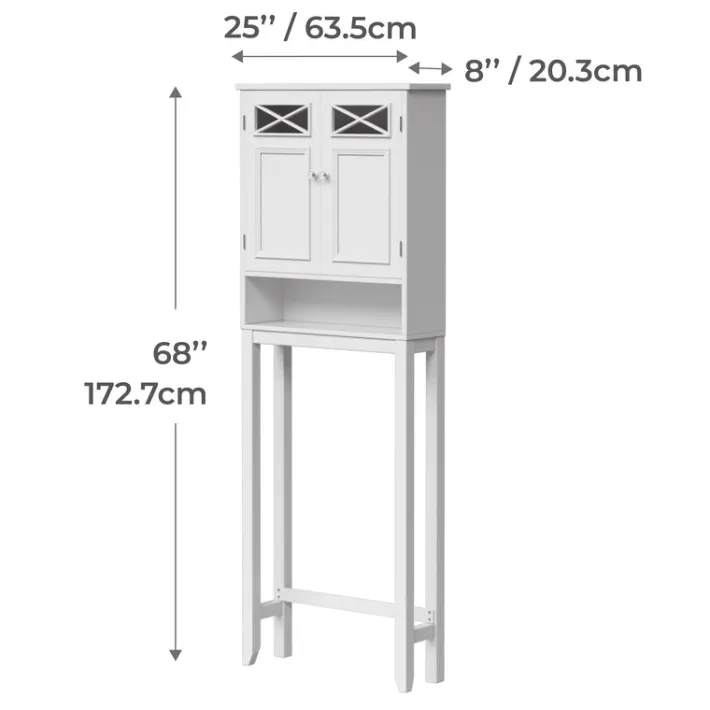 Teamson Home Dawson Two-Door Over-the-Toilet Cabinet with Decorative Glass Panels, White- FINAL SALE