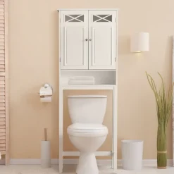 Teamson Home Dawson Two-Door Over-the-Toilet Cabinet with Decorative Glass Panels, White- FINAL SALE