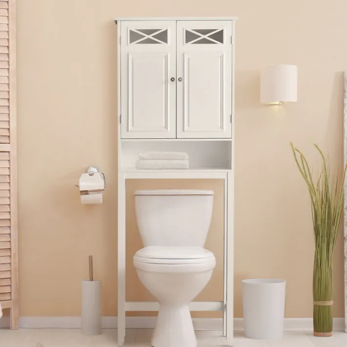 Teamson Home Dawson Two-Door Over-the-Toilet Cabinet with Decorative Glass Panels, White- FINAL SALE